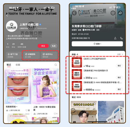 口腔门诊小红书主页与团购上架案例对比图