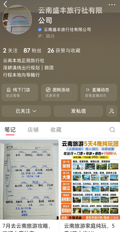 云南盛丰旅行社小红书主页与旅游攻略笔记截图